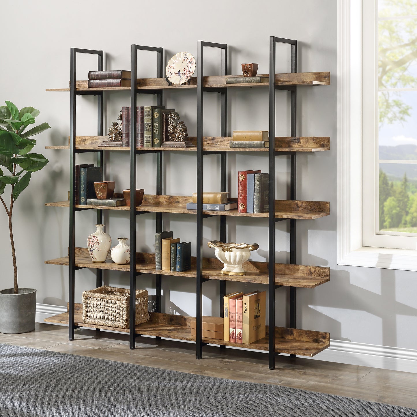 5 Tier Bookcase Home Office Open Bookshelf, Vintage Industrial Style Shelf with Metal Frame, MDF Board