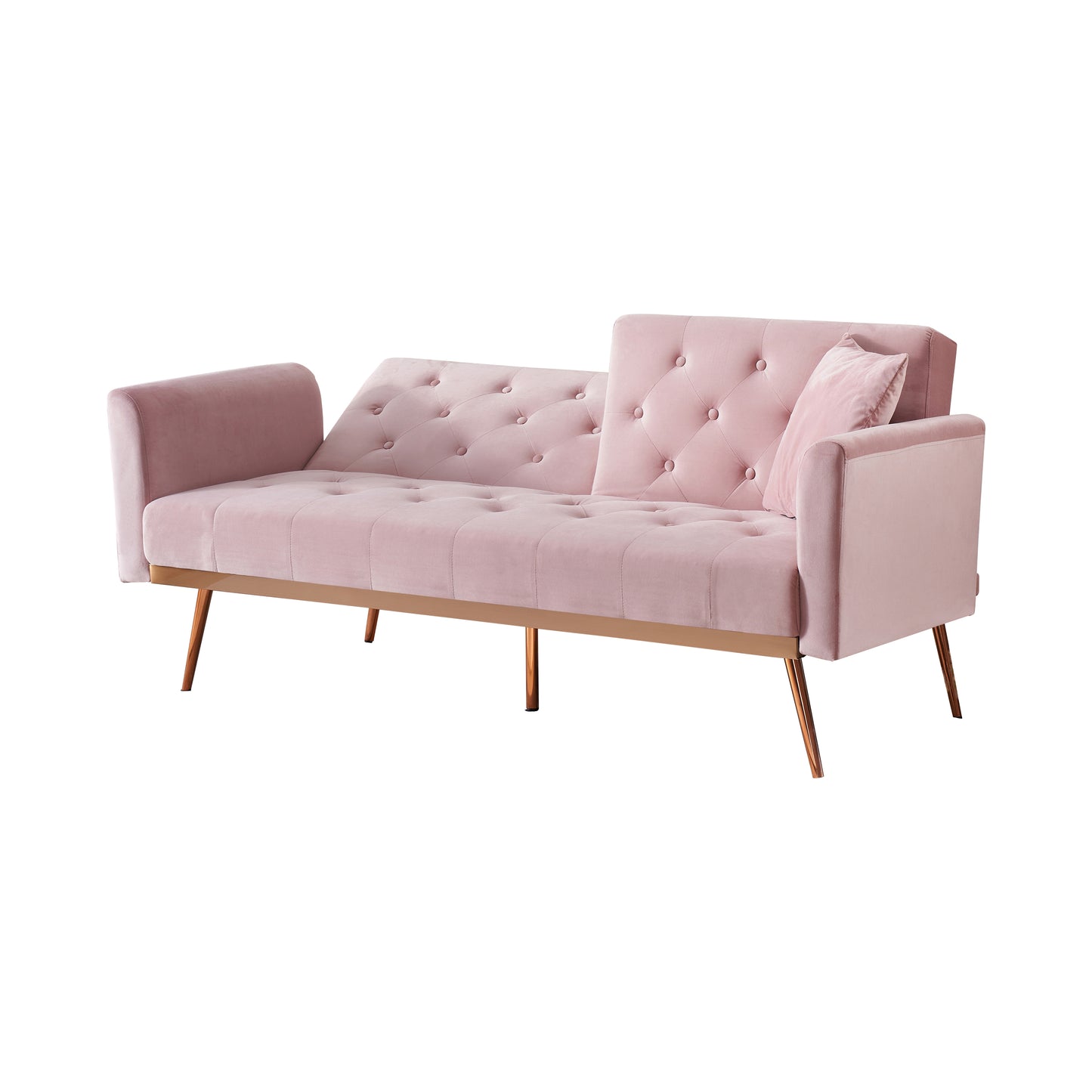 68.3" Pink velvet nail head sofa bed with throw pillow and midfoot