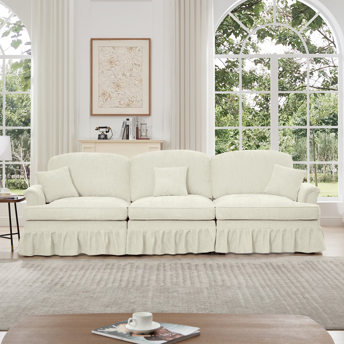 Elegant Mid Century Large 3 Seater Sofa Couch with Flared Arms and Removable Ruffles Pleats Skirts and Spindle Legs, Comfy Chenille Three-Seat Sofa for Living Room, Beige White