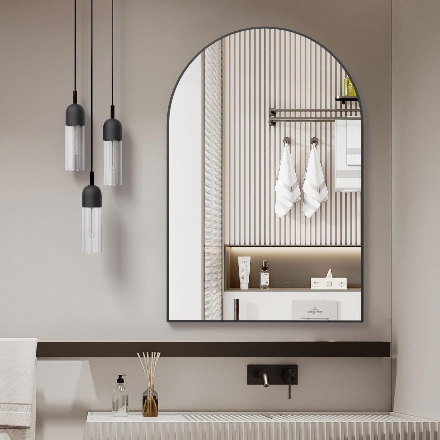 24x32 Inch Black Metal Framed Arched Bathrrom Mirror for Wall.(W2203P220253)