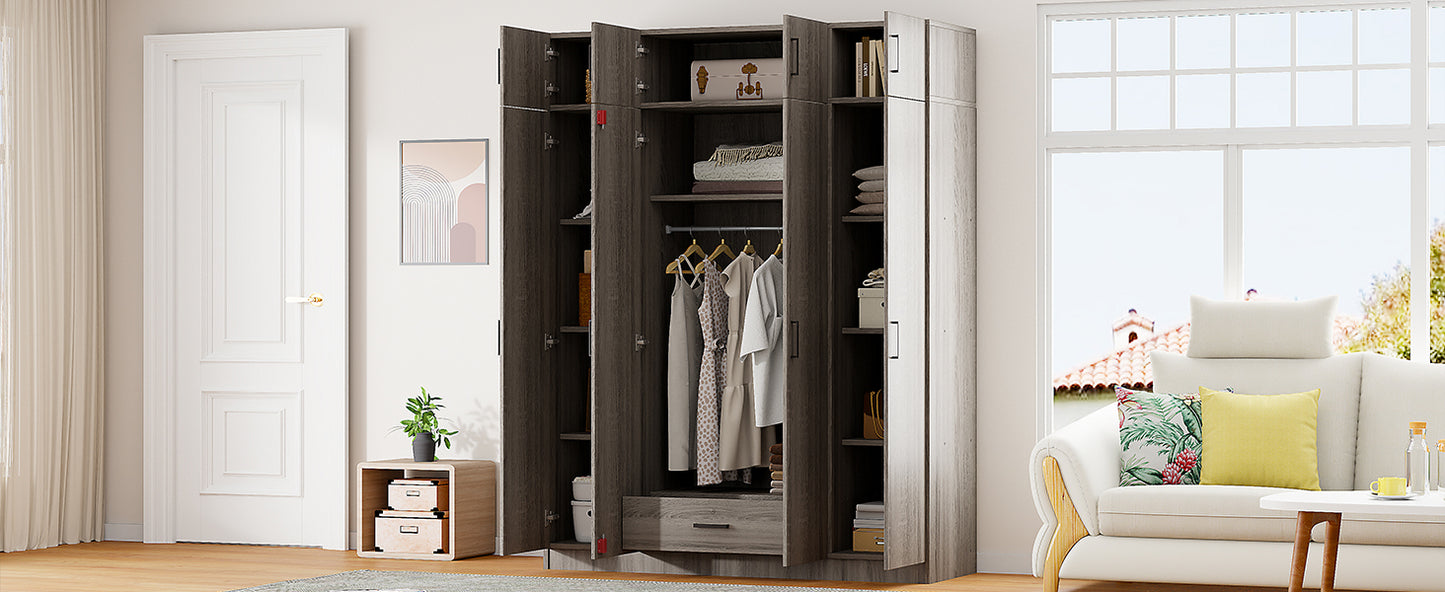 4-Door Wardrobe with 1 Drawer and Top Cabinet , Gray