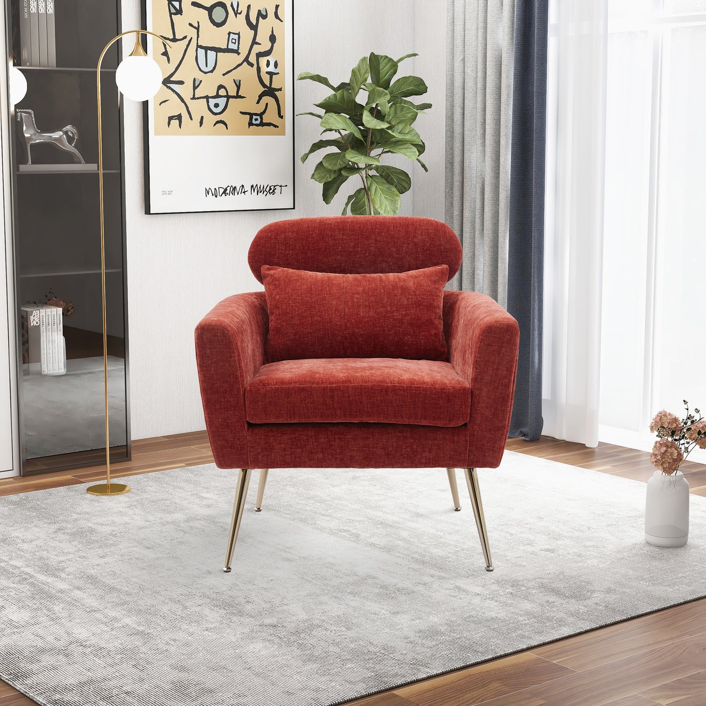 29.5"W Modern Chenille Accent Chair Armchair Upholstered Reading Chair Single Sofa Leisure Club Chair with Gold Metal Leg and Throw Pillow for Living Room Bedroom Dorm Room Office, Terracotta Chenille