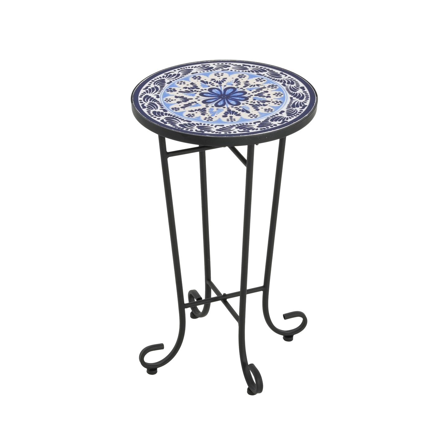 French Country Patio Side Table with Vibrant Tile Top, Blue and Black, Ceramic Tile and Iron, 14x14x23.25 Inches