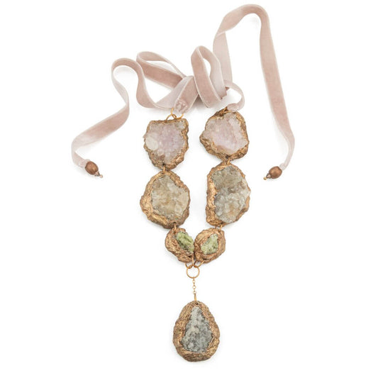 Pastel Druzy Necklace with Crystal Quartz, Calcite, Vesuvianite and Zincite