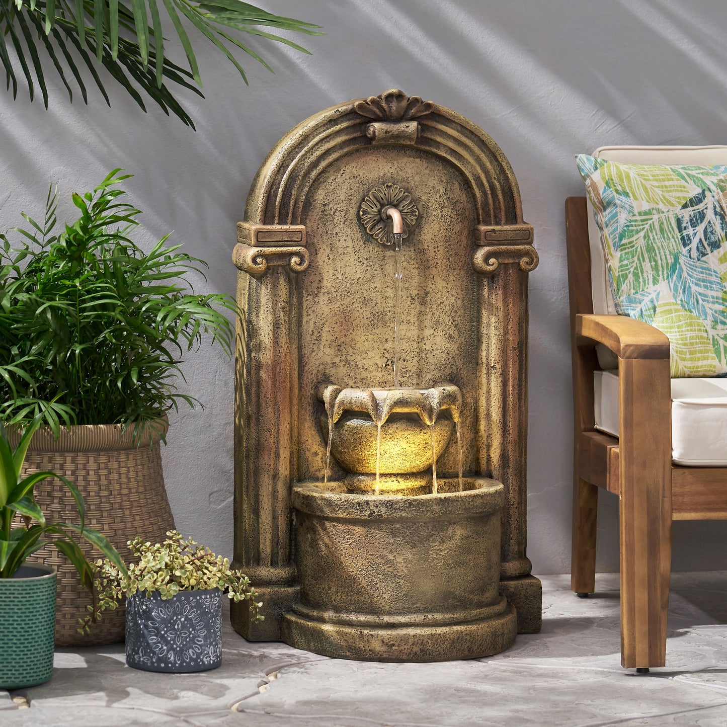 35.25' High Outdoor Weather Resistant Floor Fountain with LED Lights, Light Brown