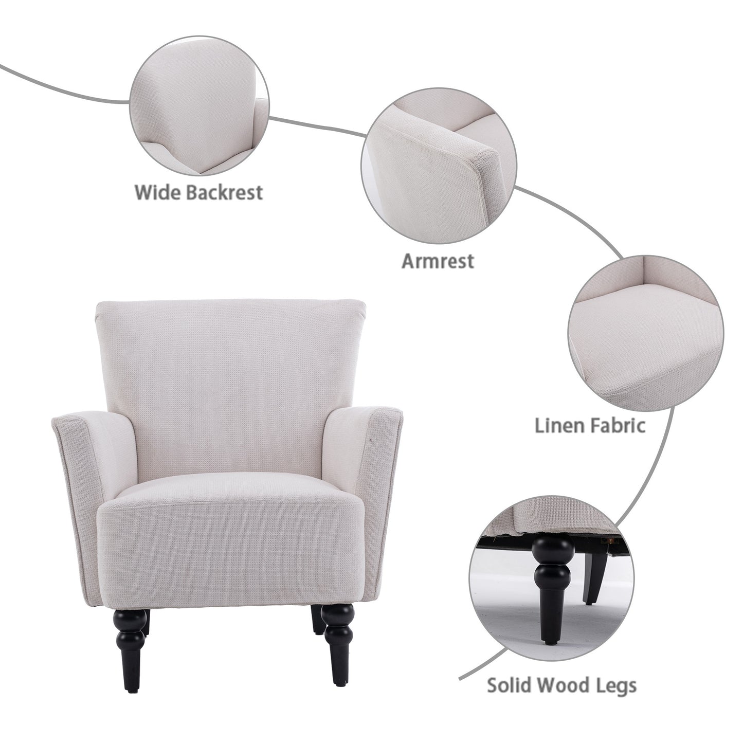 Armchair Modern Accent Sofa Chair with Linen surface,Leisure Chair with solid wood feet for living room bedroom Studio,White