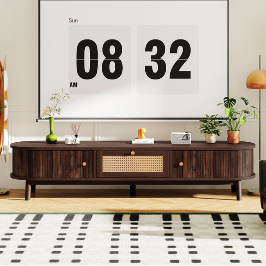 Modern Design TV Stand for 75' TVs, Media Console TV Cabinet with Rattan-Front Drawer for Living Room, 1 Drawer and 2 Sliding-Door Cabinets