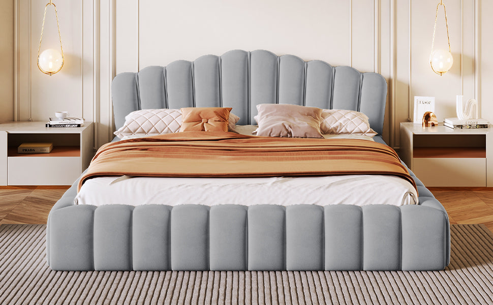 Velvet Upholstered Queen Bed Floor Bed Frame Shell-Shaped Headboard for Bedroom,No Box Spring Needed,Light Blue