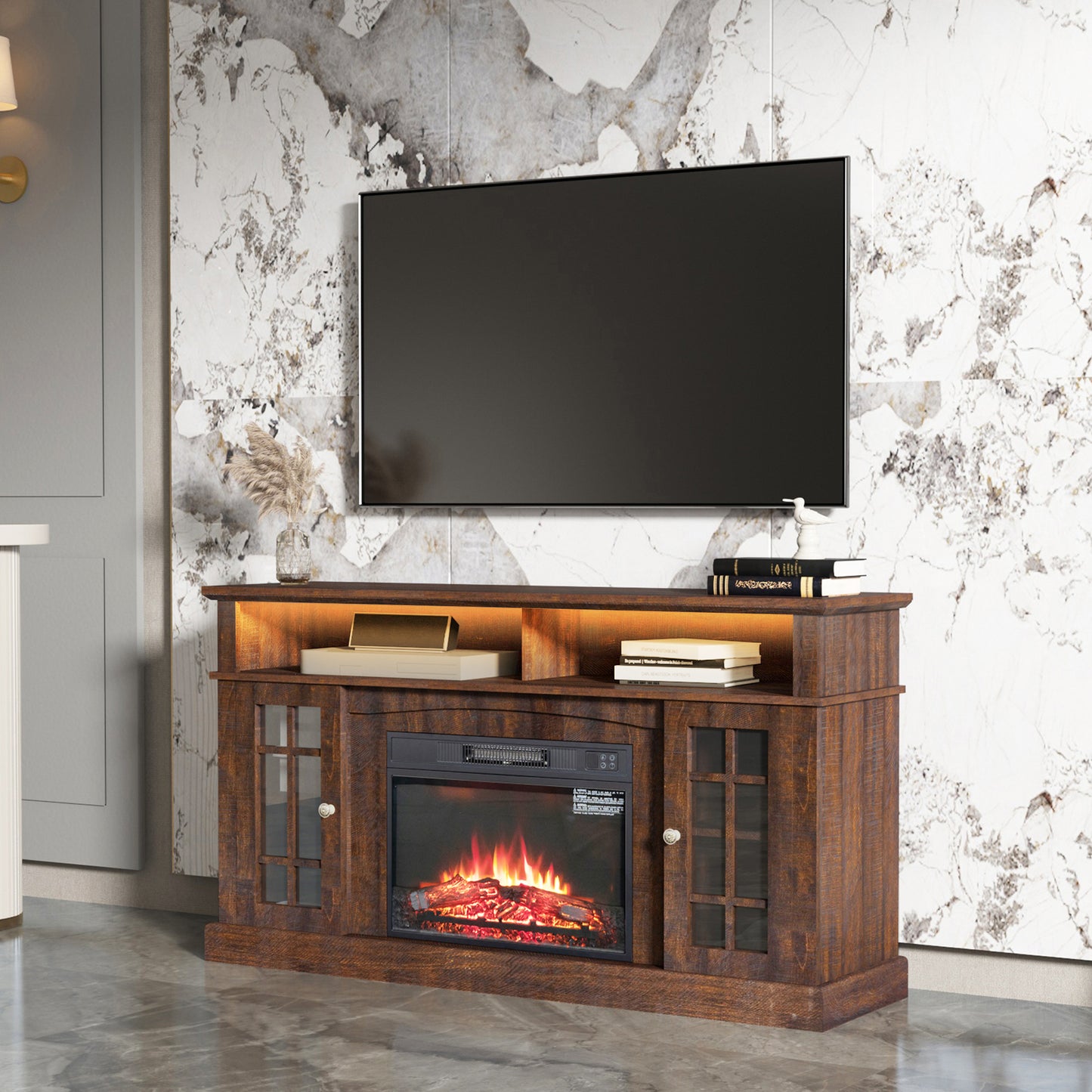 TVstand,media console,storage cabinet,entertainment center,with electronicfireplace,Install theLEDBluetooth band,using the latest infrared heating technology,electronicflame beautiful,safe.color:brown