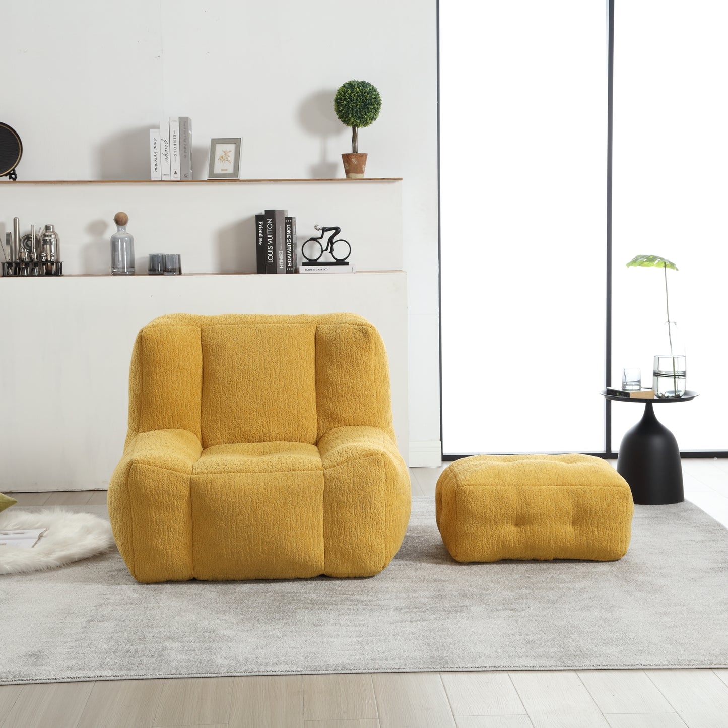 Fluffy bean bag chair, comfortable bean bag for adults and children, super soft lazy sofa chair with memory foam and ottoman, indoor modern focus bean bag chair for living room, bedroom, apartment