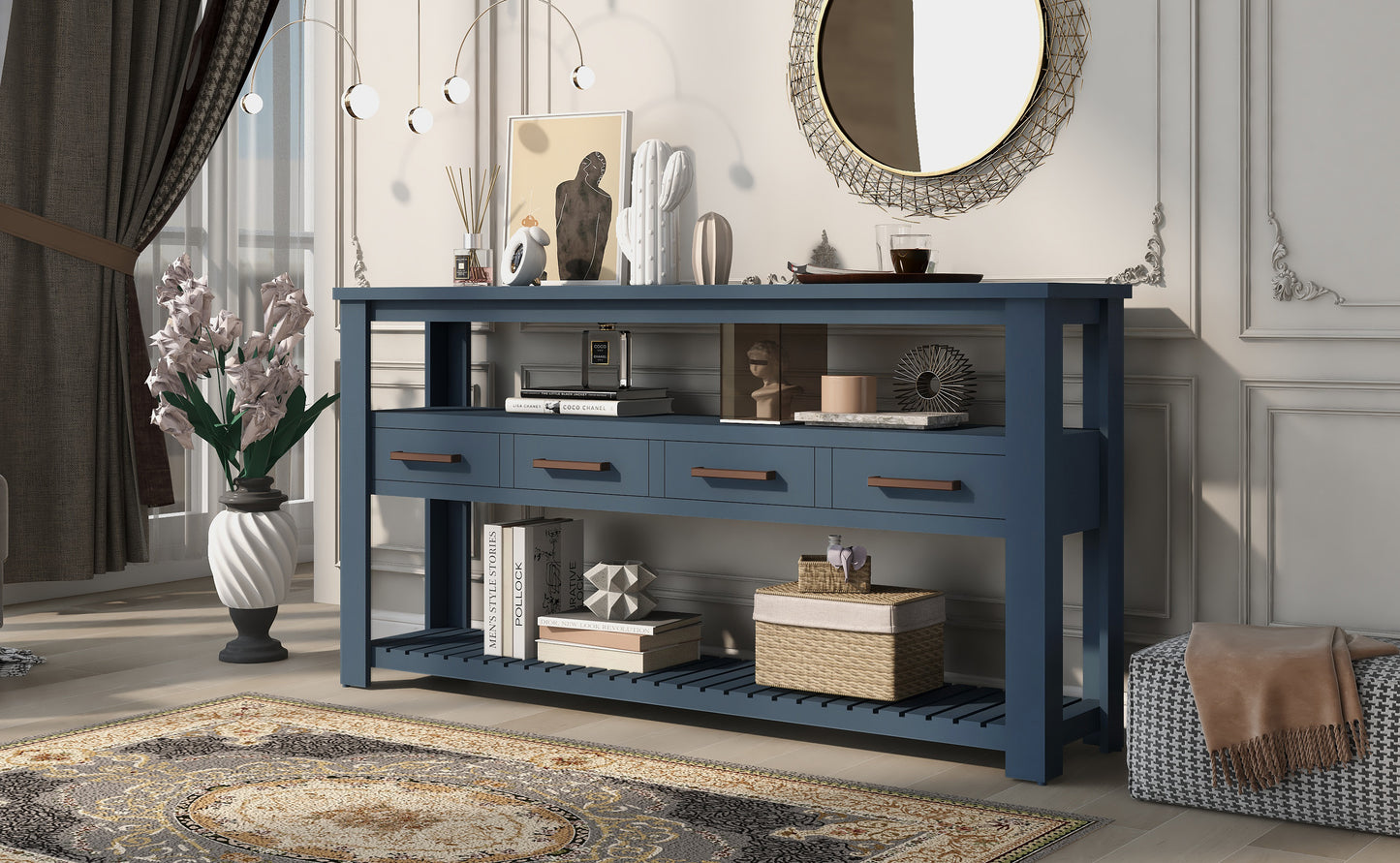 U_STYLE 62.2'' Modern Console Table Sofa Table for Living Room with 4 Drawers and 2 Shelves