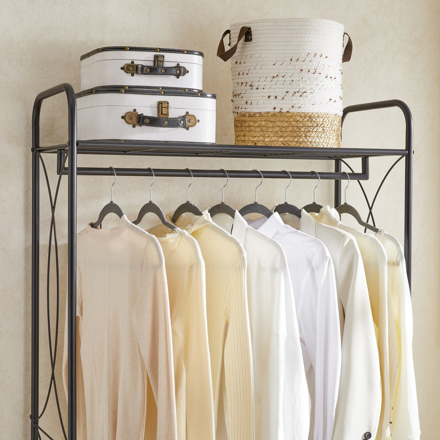 Freestanding Garment Rack, Open-Style Wardrobe, Hanging Rail with Metal Basket, and Heavy-Duty Metal Clothes Rack,Bathroom Storage Shelves