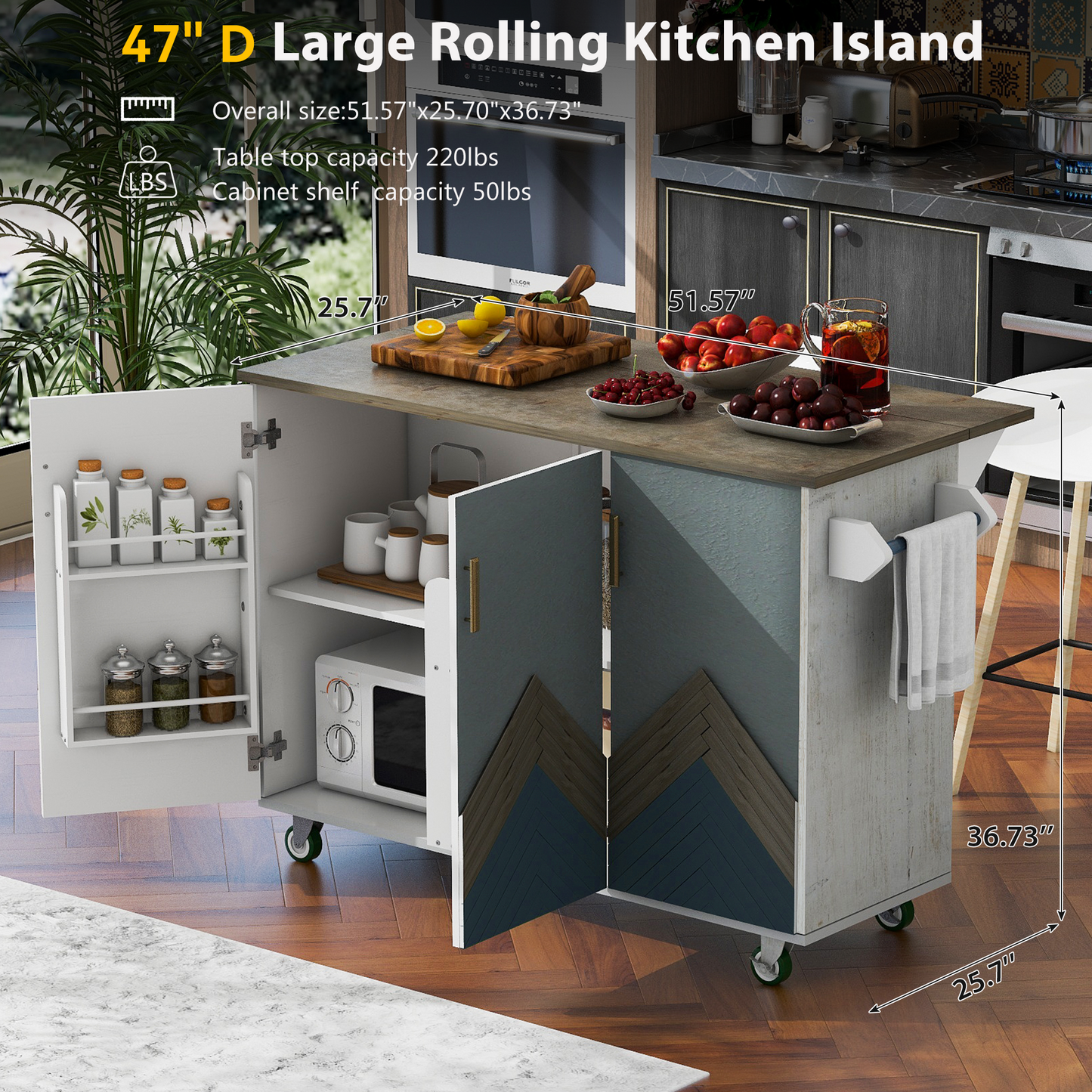 Retro Mountain Wood 47"D Kitchen Island with Drop Leaf, Farmhouse Kitchen Island on Wheels with Internal Storage Rack, Rolling Kitchen Cart with Towel Rack for Living Room, Kitchen, Dining Room(White)