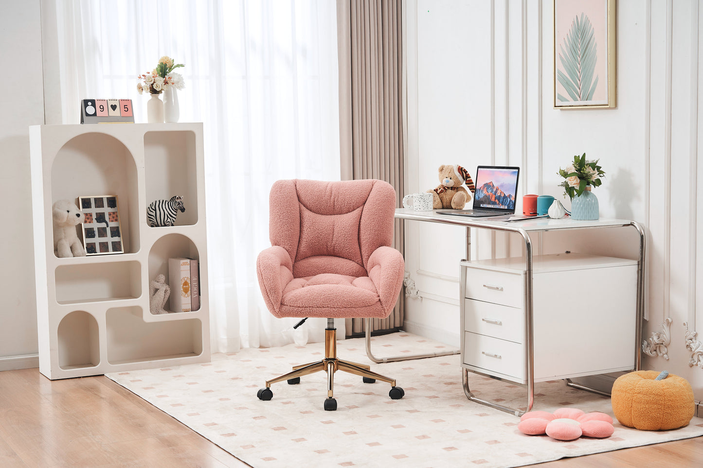 005-Teddy Fabric 360 Swivel Home Office Chair With Gold Metal Base And Universal Wheels,Pink