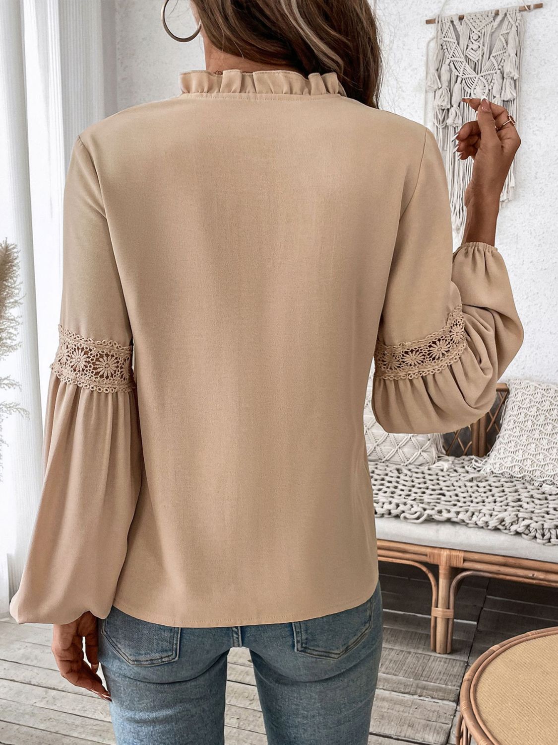 Perfee Frill Tie Neck Long Sleeve Blouse