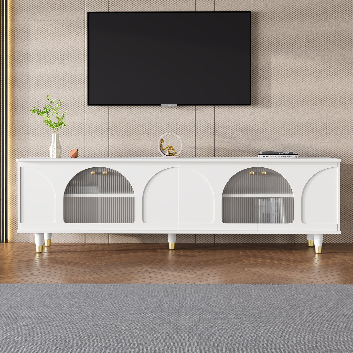 ON-TREND Contemporary TV Stand with Adjustable Shelves for TVs Up to 78'', Stylish Media Console with Gold Handles and Arch Fluted Glass Doors, Delicate Entertainment Center for Living Room, White