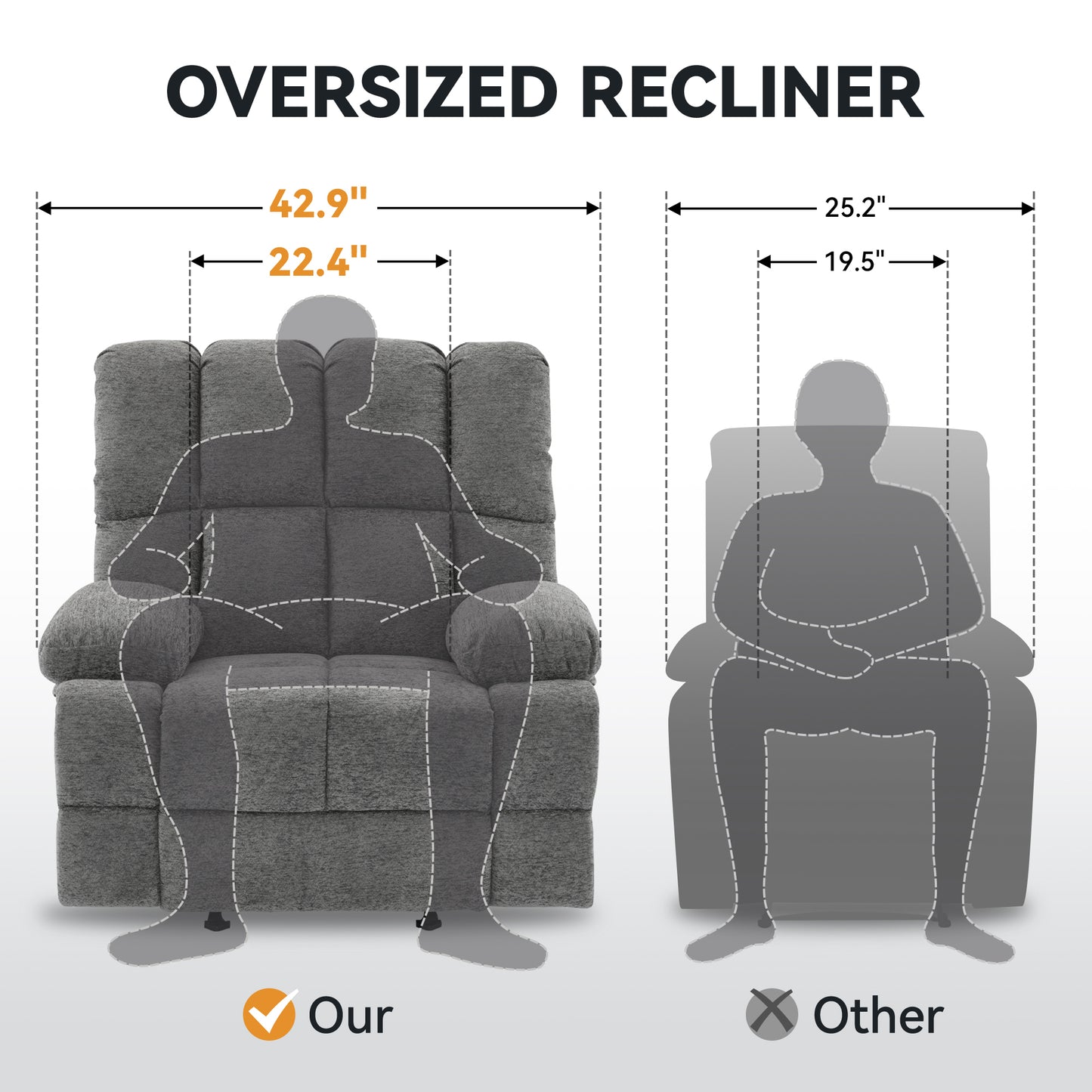 Oversize Rocker Recliner Chair for Adults, Extra Wide Rocking Recliner Chair Manual Recliner, Bid Man Recliners, Limestone Grey