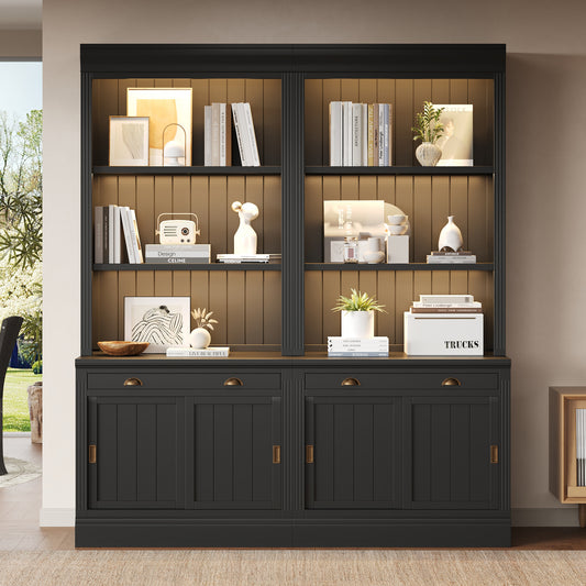 83.4'Tall Bookshelf Suite with LED Lighting, Modern Bookcase Suite with Sliding Doors,Drawers and Open Shelves,Storage Bookshelf for Living Room,Home Office,Black