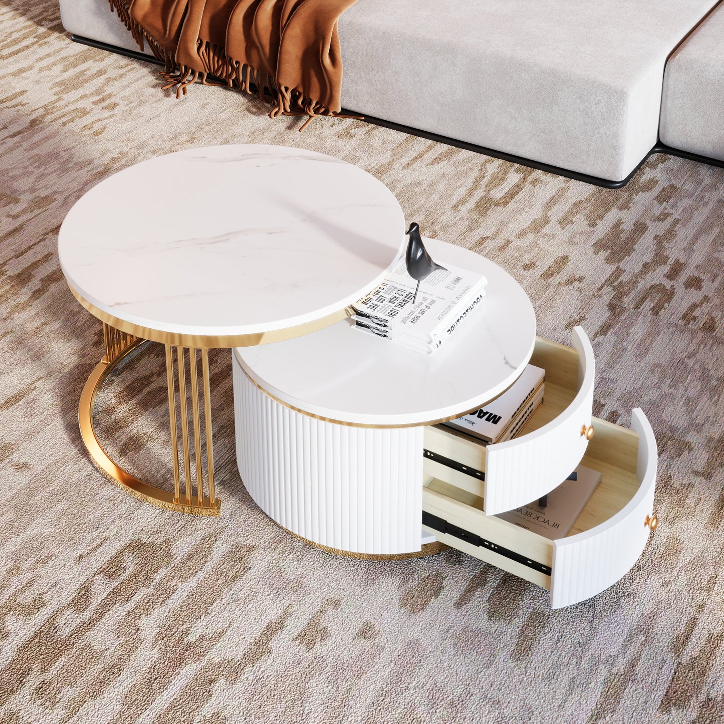 Modern 2 Pieces White Round Nesting  Coffee Table with Drawers in 27.6''