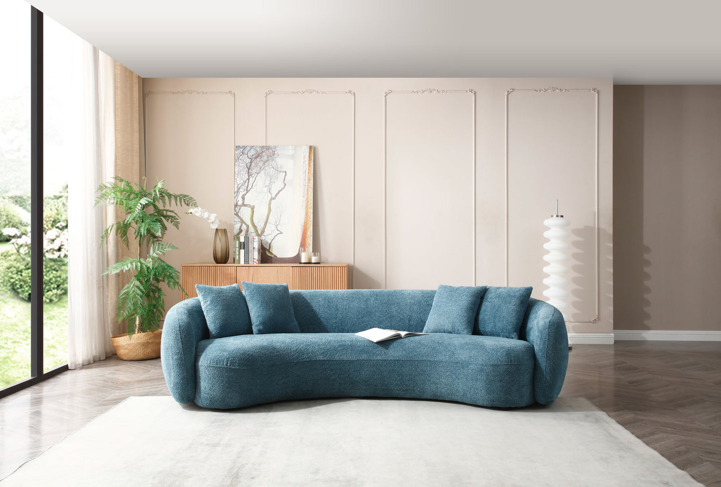 102''  Boucle Sofa Modern Sectional Half Moon Leisure Couch Curved Sofa Teddy Fleece Velet  Blue