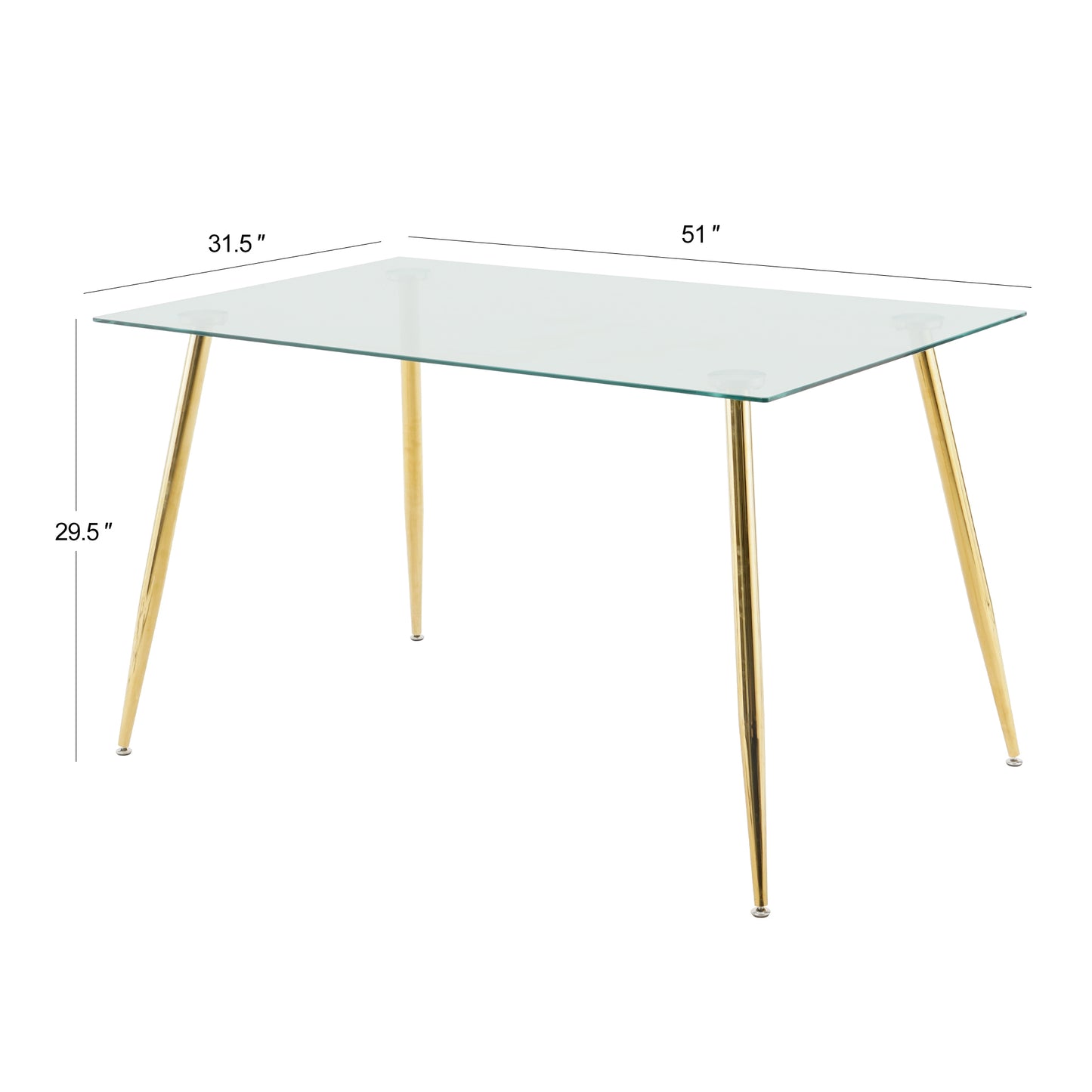 Modern Kitchen Glass dining table 51" Rectangular  Tempered Glass Table top,Clear Dining Table Metal Legs, GOLD legs(set of 1)
