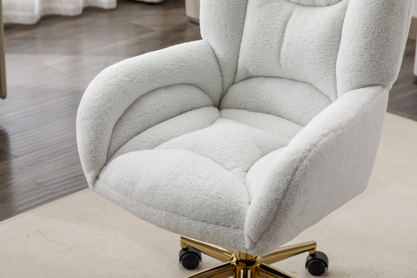 005-Teddy Fabric 360 Swivel Home Office Chair With Gold Metal Base And Universal Wheels,Ivory