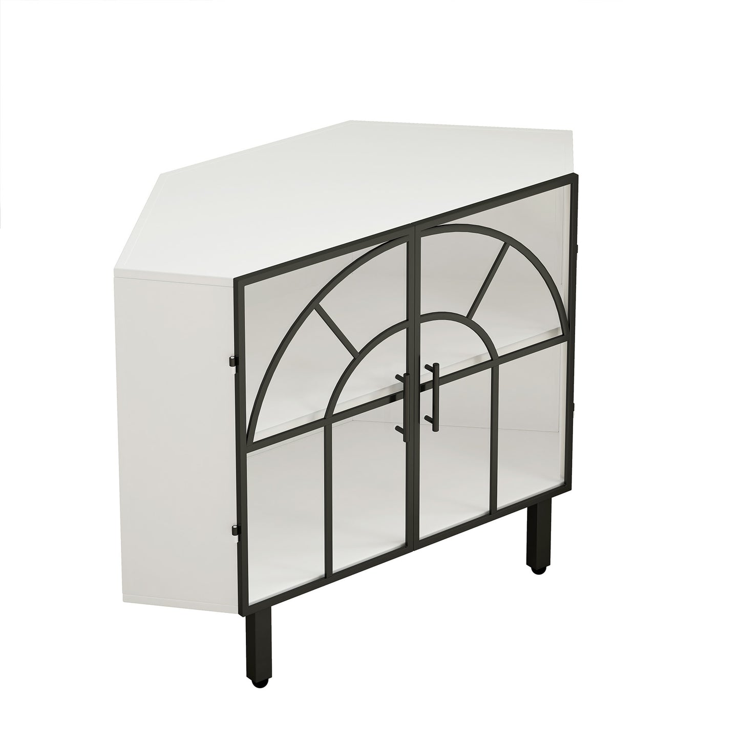 37.40"Glass Two-Door Hexagonal Corner Cabinet, for Corner of Living Room, Hallway, Study and Other Spaces, White