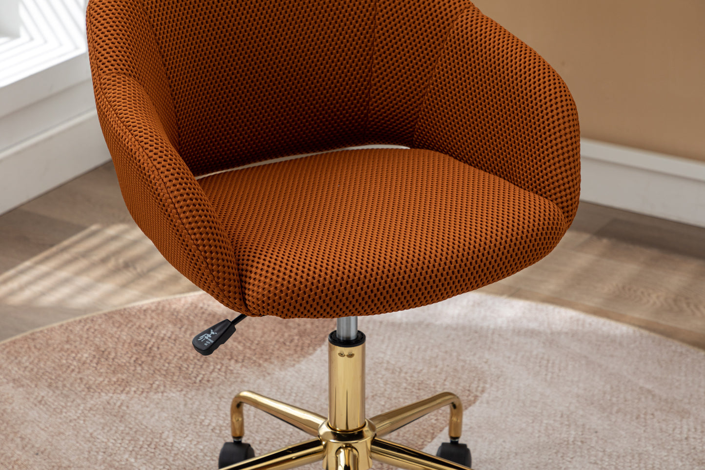 047-Mesh Fabric Home Office 360°Swivel Chair Adjustable Height With Gold Metal Base,Caramel