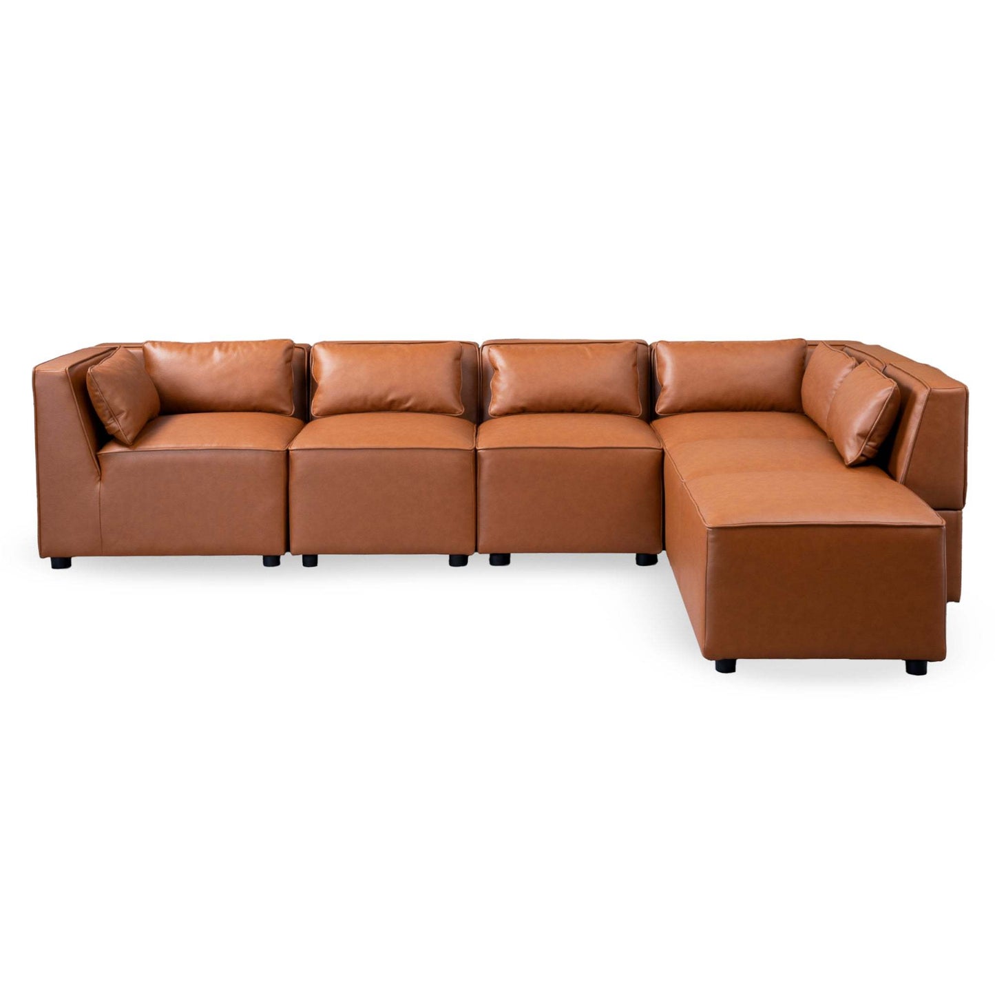 Wexford Cognac Vegan Leather Modular Sofa with Mid-Century Modern Charm and Adjustable Layouts