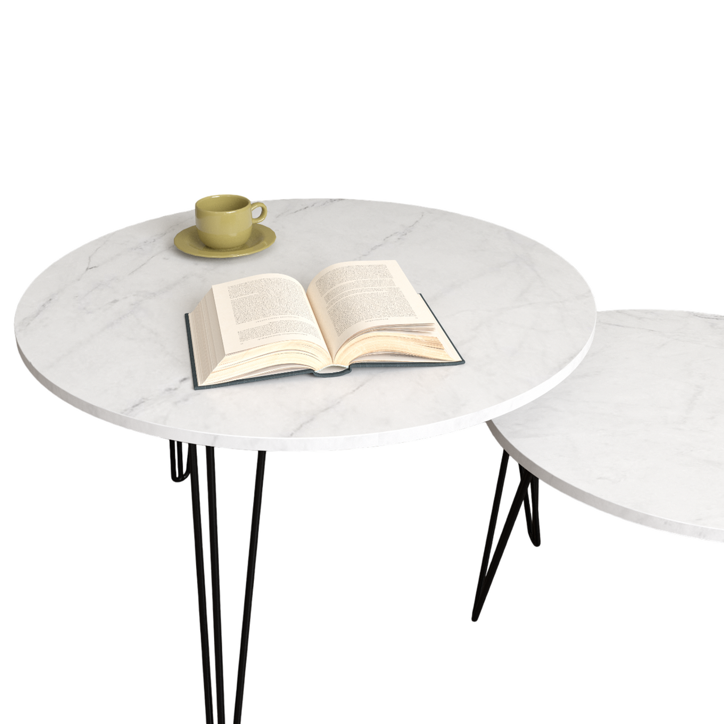 27.56'' Round Nesting Coffee Table Set of 2,  Circular Nesting End Table Set, Round Marble Tabletop, and Sturdy Metal Base for Living Room, bedroom, White