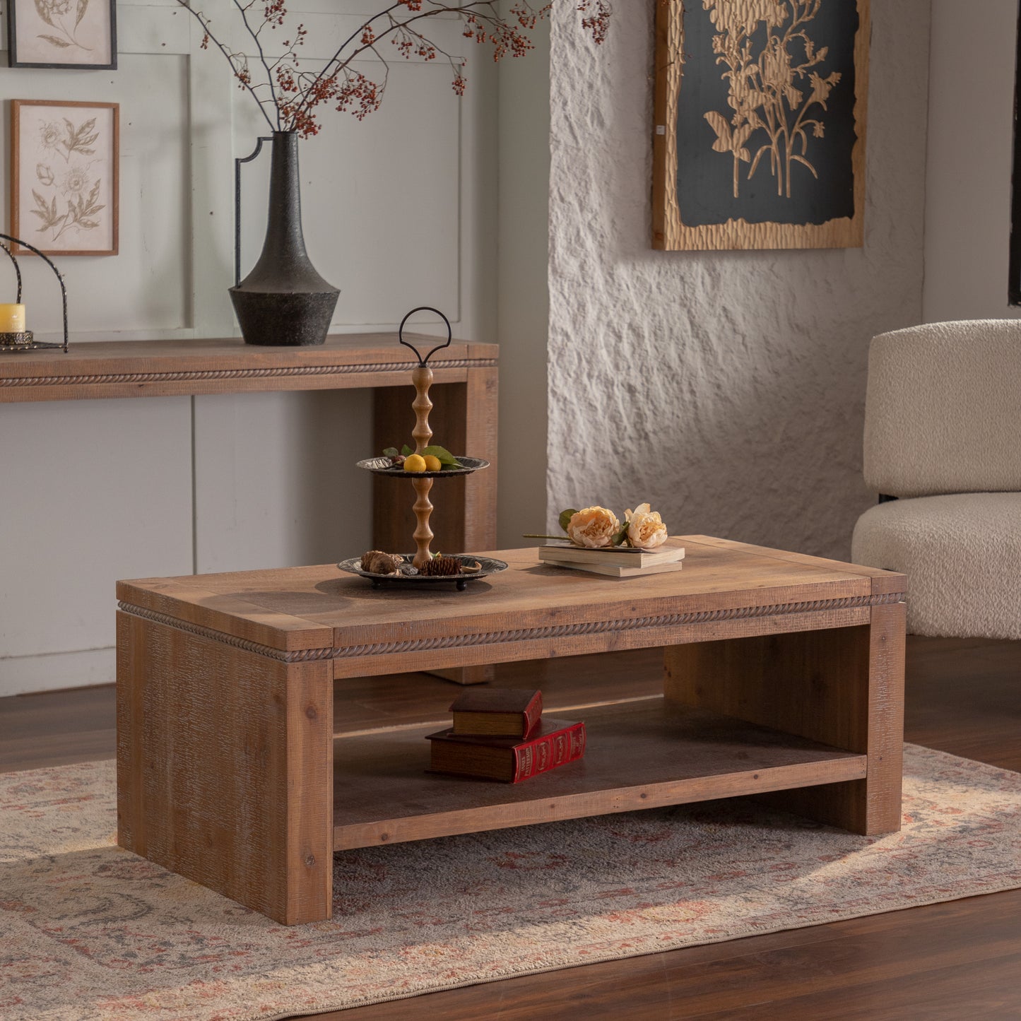 Solid wood,Rectangle Coffee Table with Solid Wood for Living Room, Large 2-Tier Rustic Coffee Table with Storage Shelf, Office and Apartment, Easy Assembly