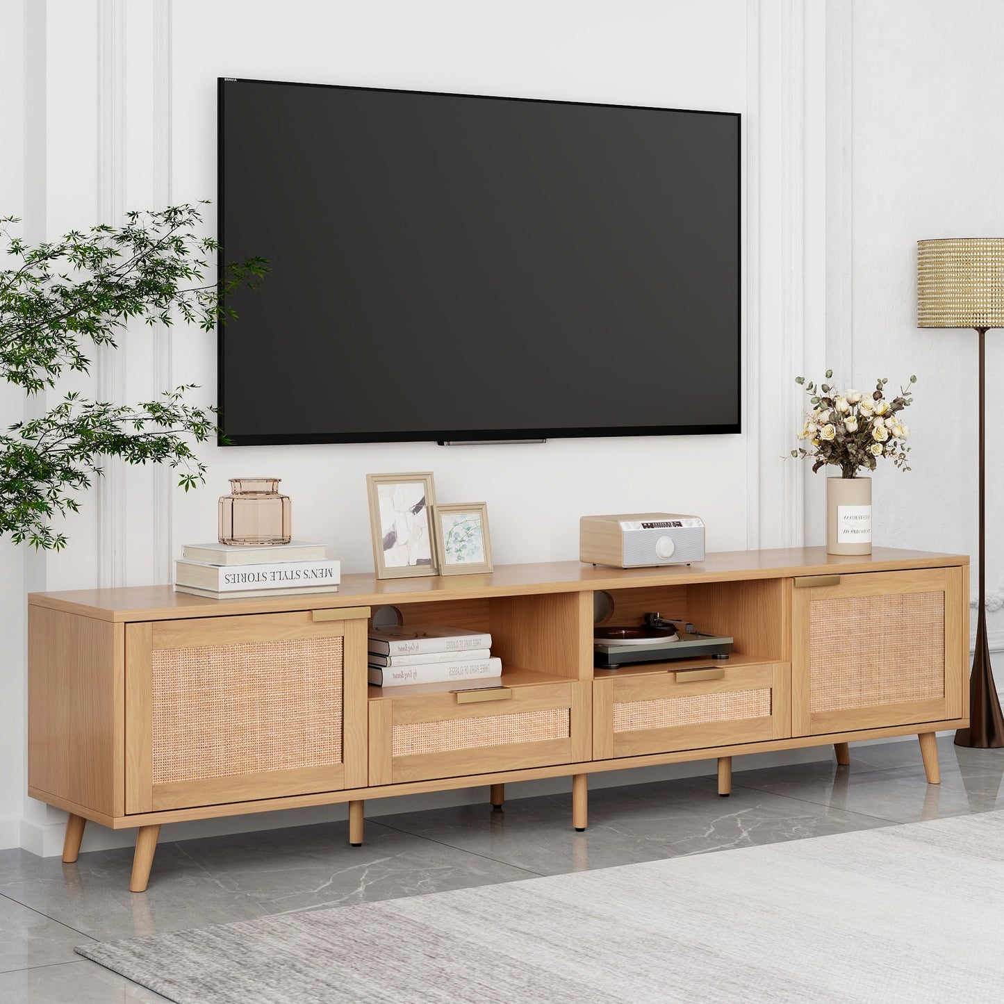 Rattan TV Stand for TVs up to 85'', Modern Farmhouse Media Console, Entertainment Center with Solid Wood Legs, TV Cabinet for Living Room,Home Theatre