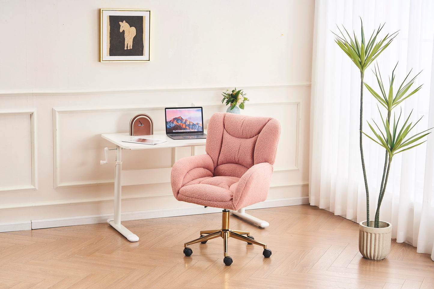 005-Teddy Fabric 360 Swivel Home Office Chair With Gold Metal Base And Universal Wheels,Pink