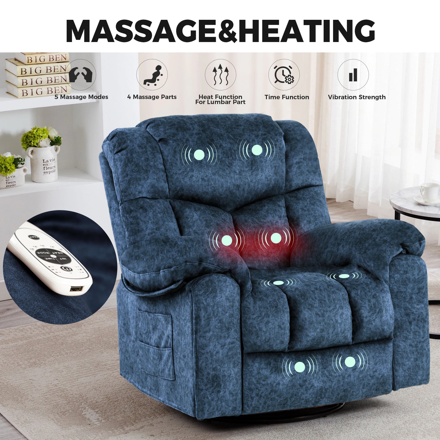 Swivel and Rocking Recliner Chair with Massage and Heating Bonded Leather Sofa