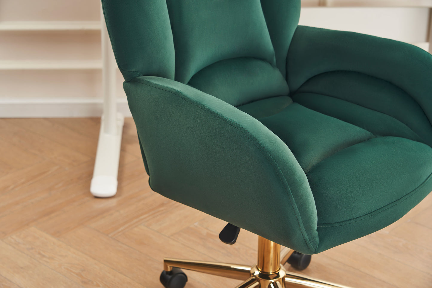 005-Velvet Fabric 360 Swivel Home Office Chair With Gold Metal Base And Universal Wheels,Green