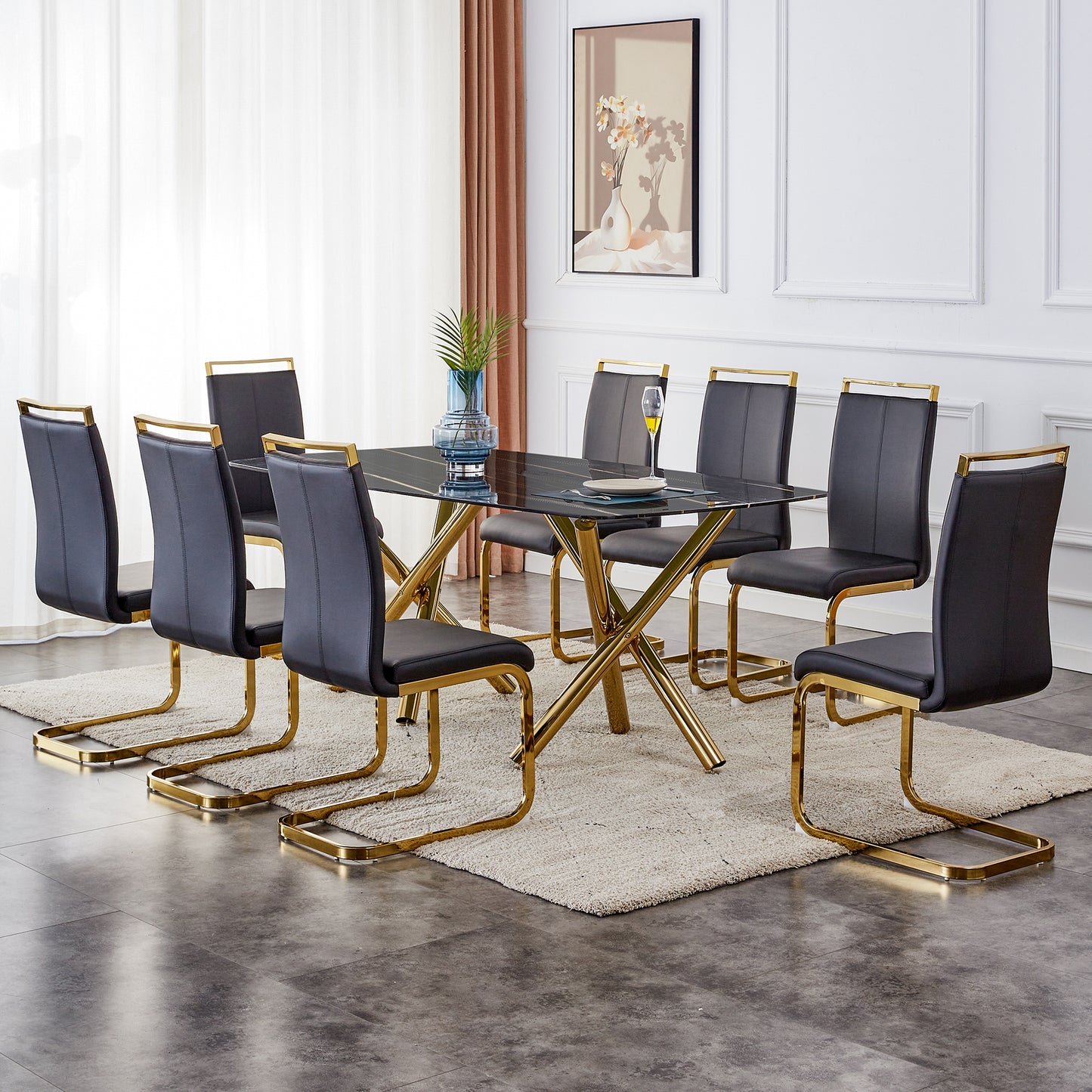 Large modern minimalist rectangular dining table with 0.39 "imitation marble black desktop and gold metal legs, for Kitchen Dining Living Meeting Room Banquet hal  1538