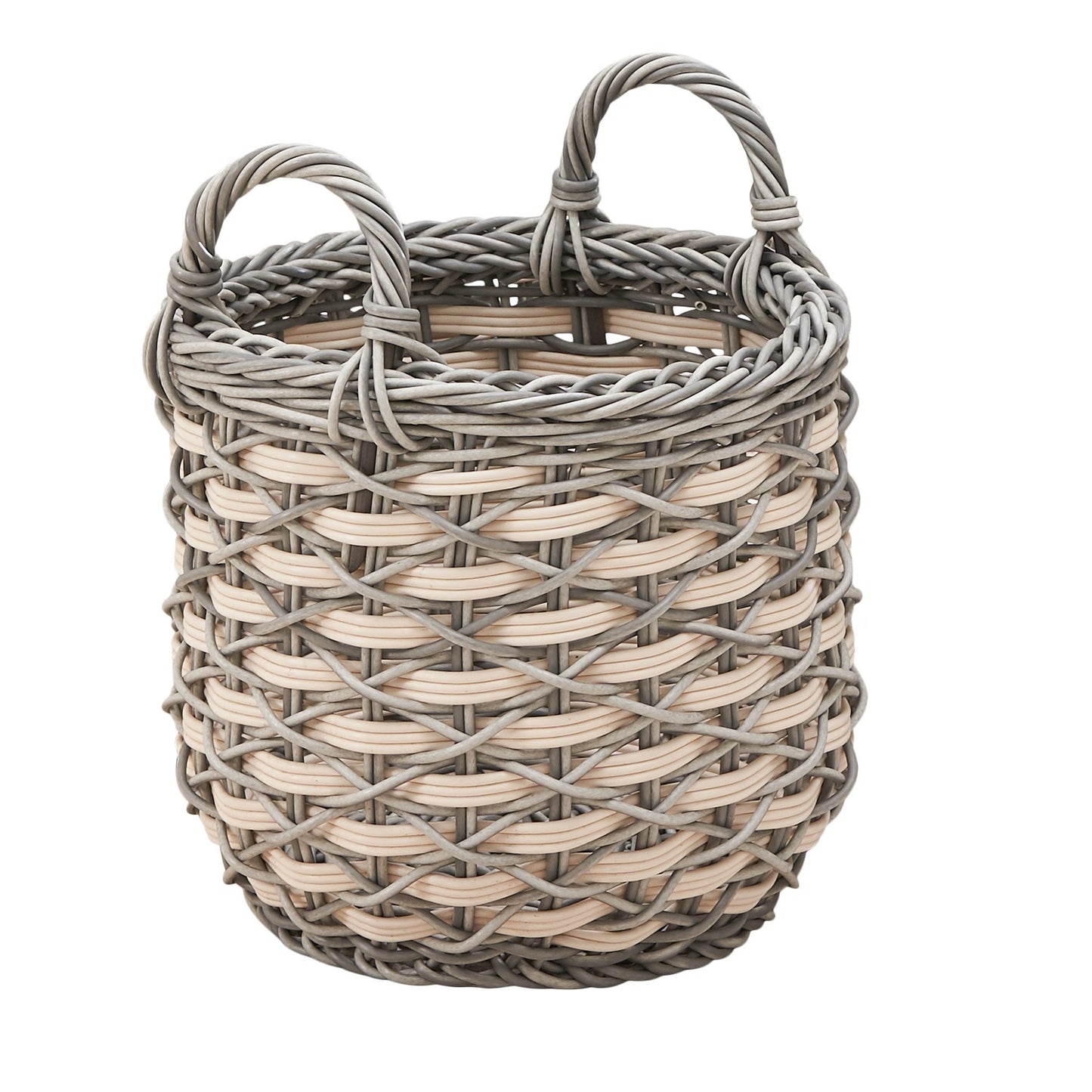 Zita Round Resin Woven Wicker Multi-Use Storage Basket with Handles - 18" x 18" x 19.6" - White-Gray - For Towel, Toys, Magazines Storage and Home Decoration