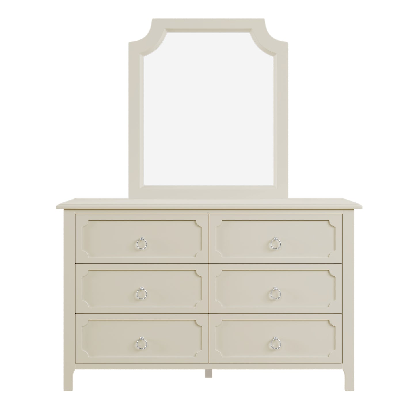 Milky White Rubber Wooden Dresser Six Large Drawers Silver Metal Handles for Living Room Guest Room Bedroom