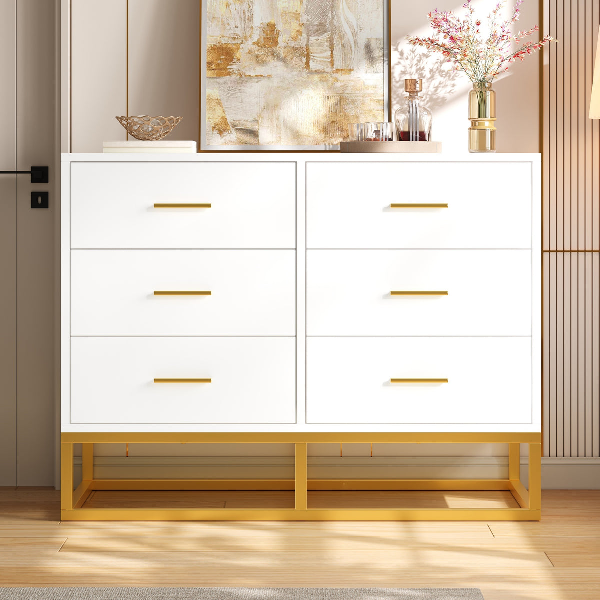 Modern 6 Drawer Dresser with Gold Metal Legs, Large Storage Chest of Drawers for Bedroom, Contemporary Wood Cabinet with Gold Handles, High-gloss White Finish