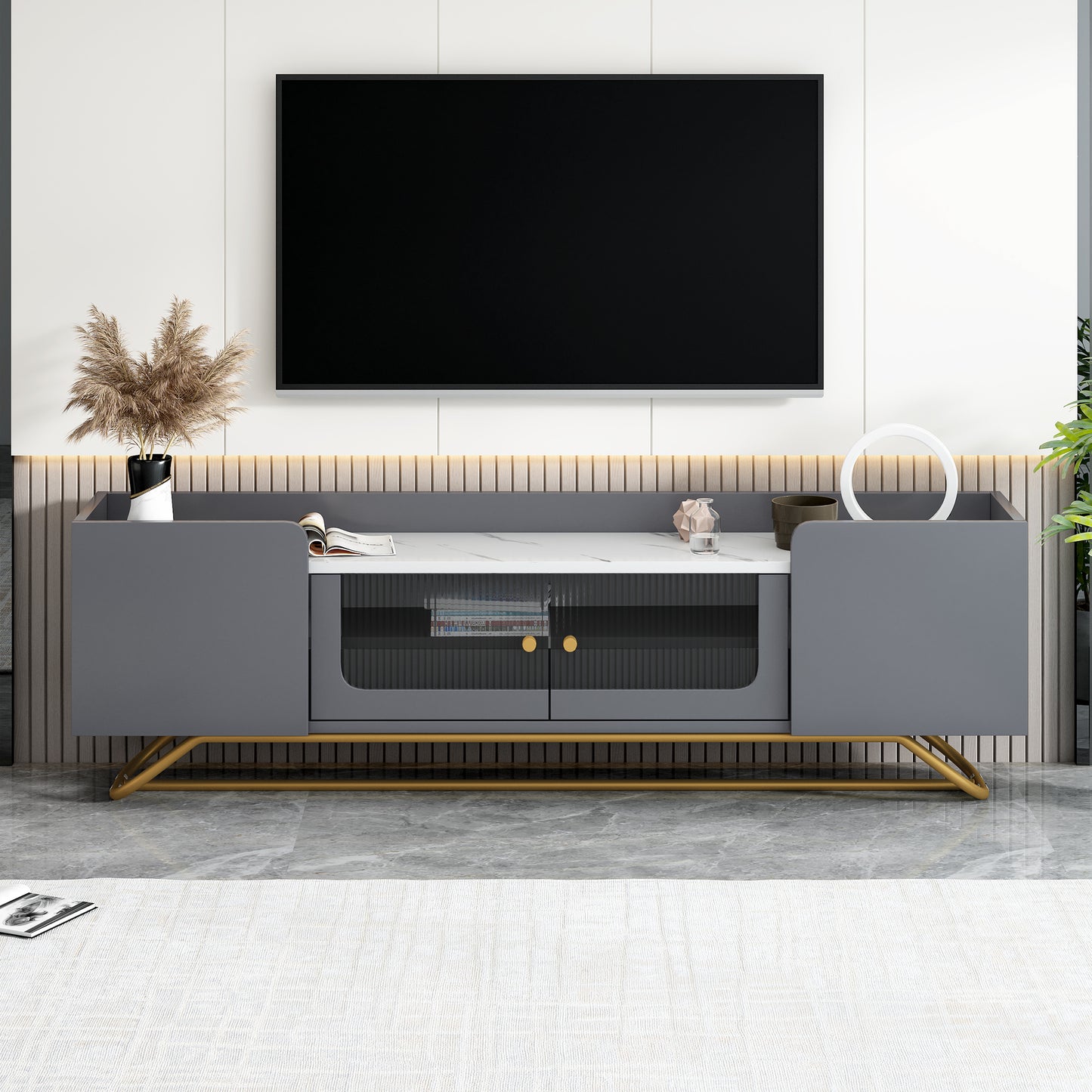 ON-TREND Sleek Design TV Stand with Fluted Glass, Contemporary Entertainment Center for TVs Up to 70", Faux Marble Top TV Console Table with Gold Frame Base, Grey