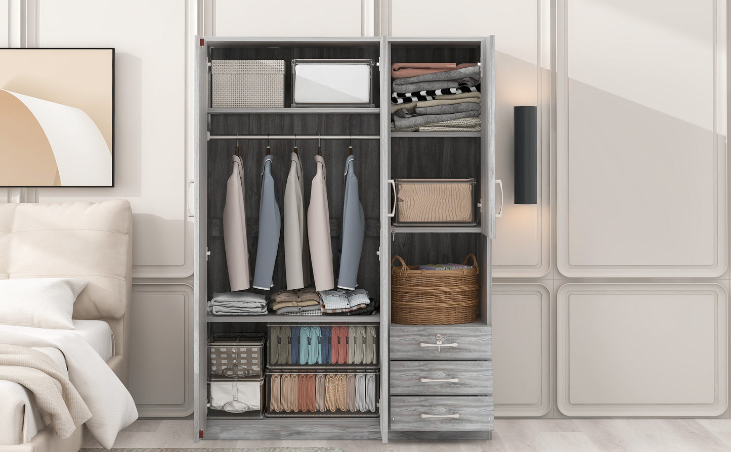 2-Doors Wooden Wardrobe Storage for Bedroom, with Shelves and 3 Drawers, Gray