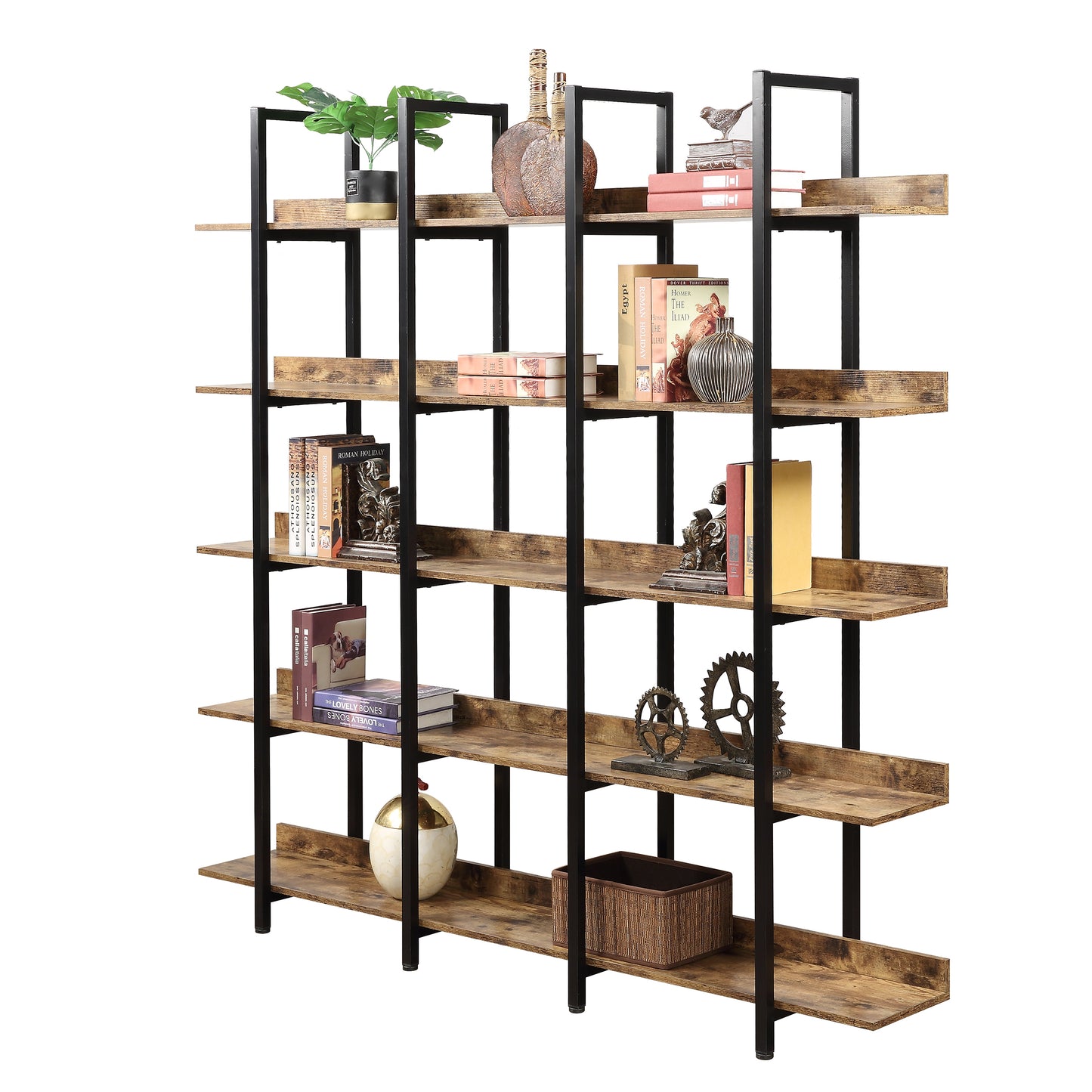 5 Tier Bookcase Home Office Open Bookshelf, Vintage Industrial Style Shelf with Metal Frame, MDF Board