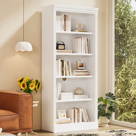 83.4' Tall Wood Bookcase with light strip,5-Tier Decor Bookshelves with Adjustable Shelves,Storage Organizer for CDs/Books,Free Standing Storage Shelves for Living Room,Home Office,White