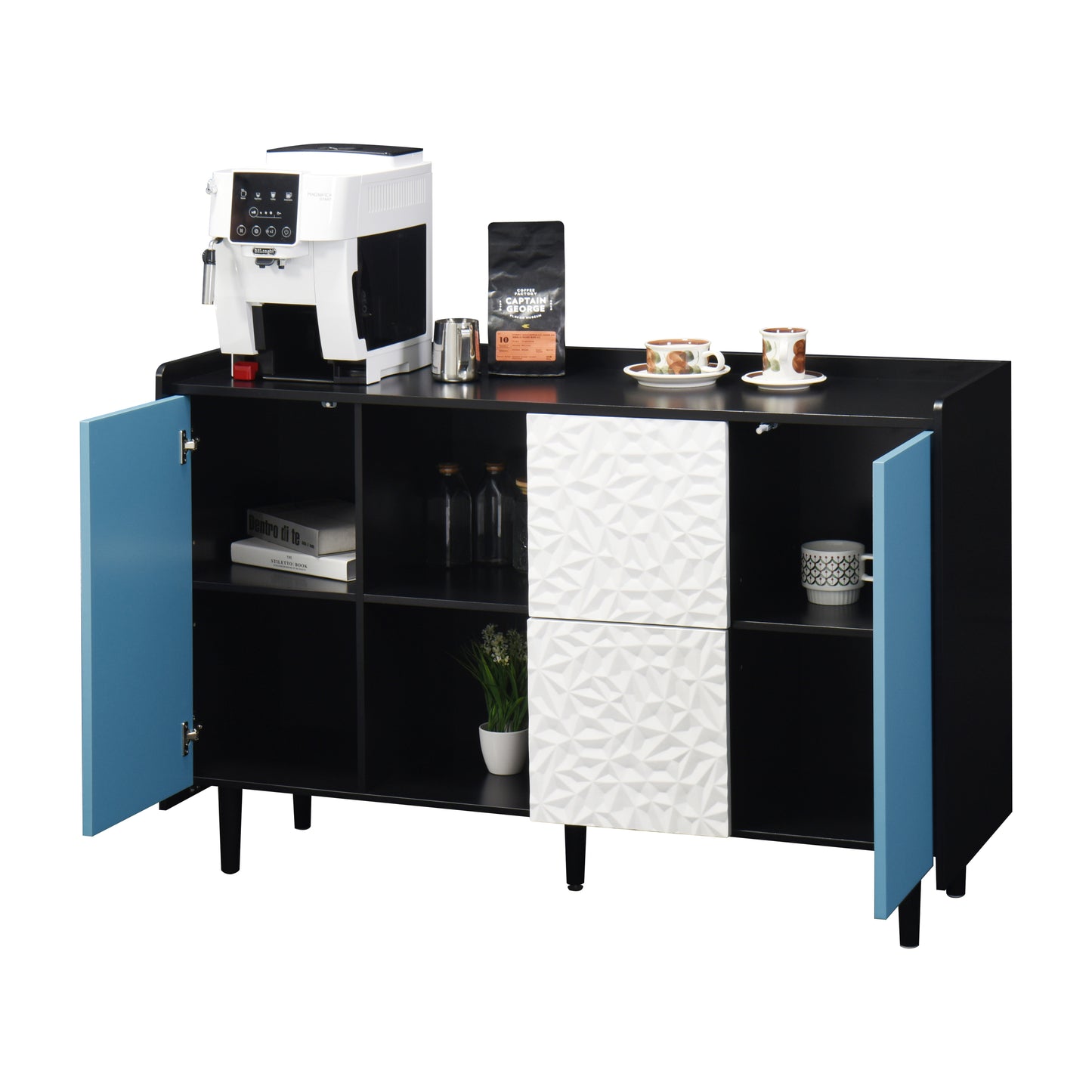 Sideboard Buffet Cabinet, Black Storage Cabinet with Blue Doors , 2 Drawers with unique panel styling and 2 Open Storage Compartment, Modern Coffee Bar Cabinet Accent Cabinet for Kitchen, Dining Room,