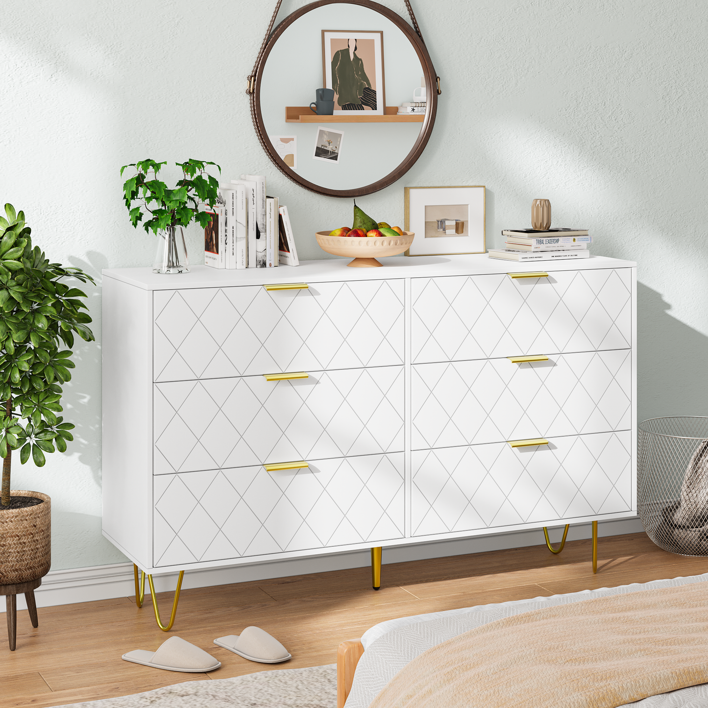 Modern white 6 Drawers for Bedroom,Big Size Wooden drawers with Gold Handles,  Chest Dresser with Deep Drawers for living room