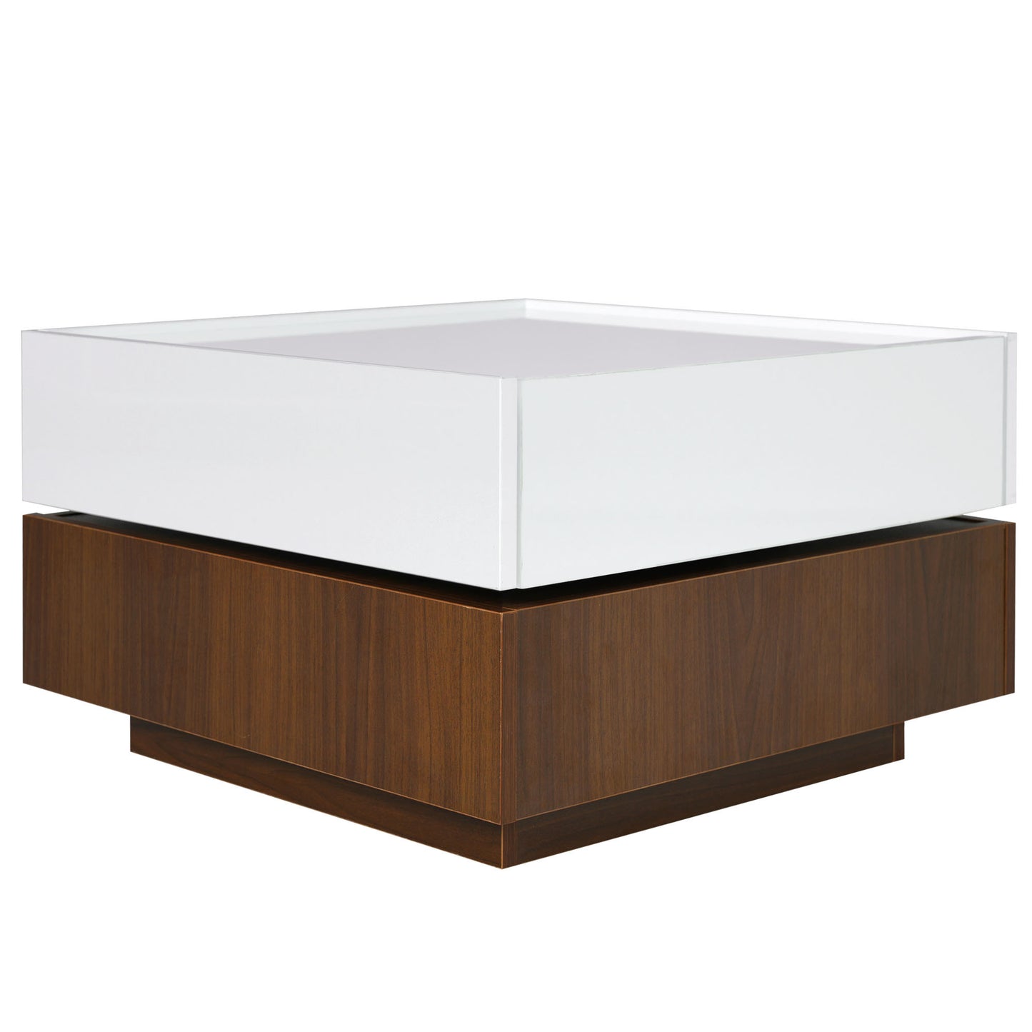 ON-TREND Square 360°Rotating Coffee Table with 2 Drawers, High Gloss 2-Tier Center Table with Swivel Tabletop and Storage, Walnut Table Frame Side Table for Living Room, White