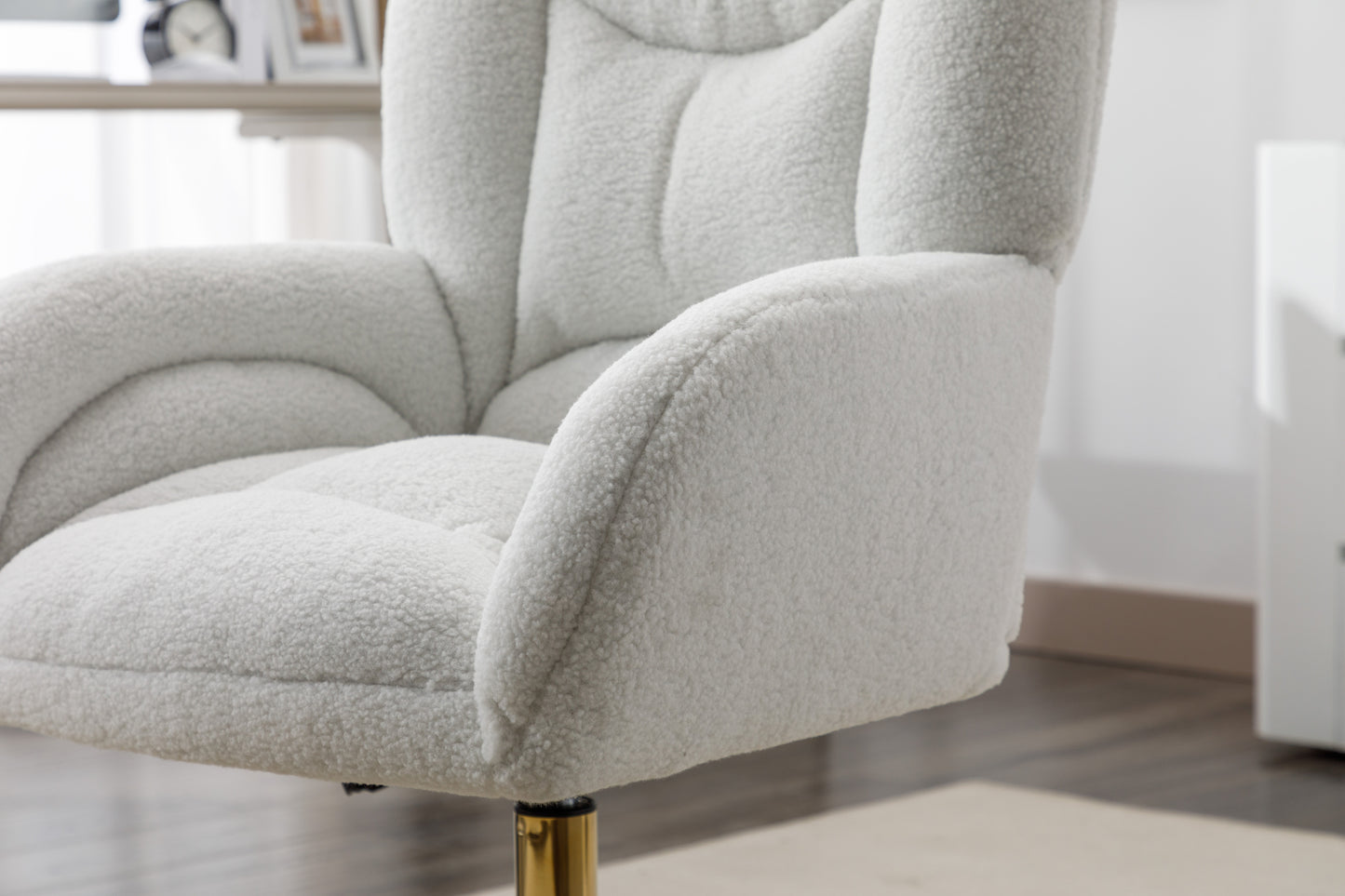 005-Teddy Fabric 360 Swivel Home Office Chair With Gold Metal Base And Universal Wheels,Ivory