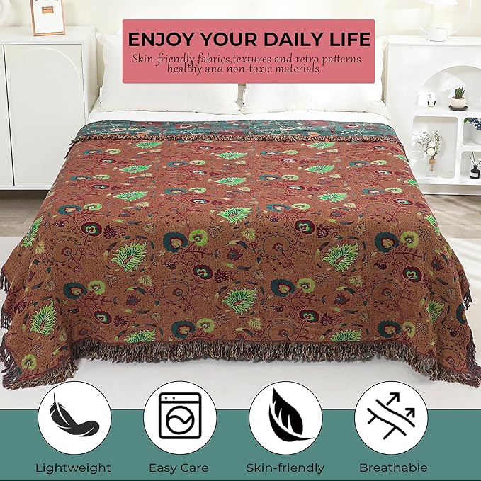 Boho Fall Throw Blanket for Bed，100% Ultra Cotton Soft Breathable Bed Throw Floral Printed Farmhouse Decor Rustic Bed Throws for Couch Sofa Quilt 90" x 98"