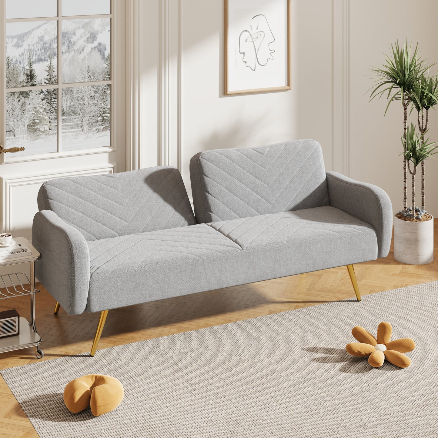 70.47" Gray Fabric Double Sofa with Split Backrest and Two Throw Pillows
