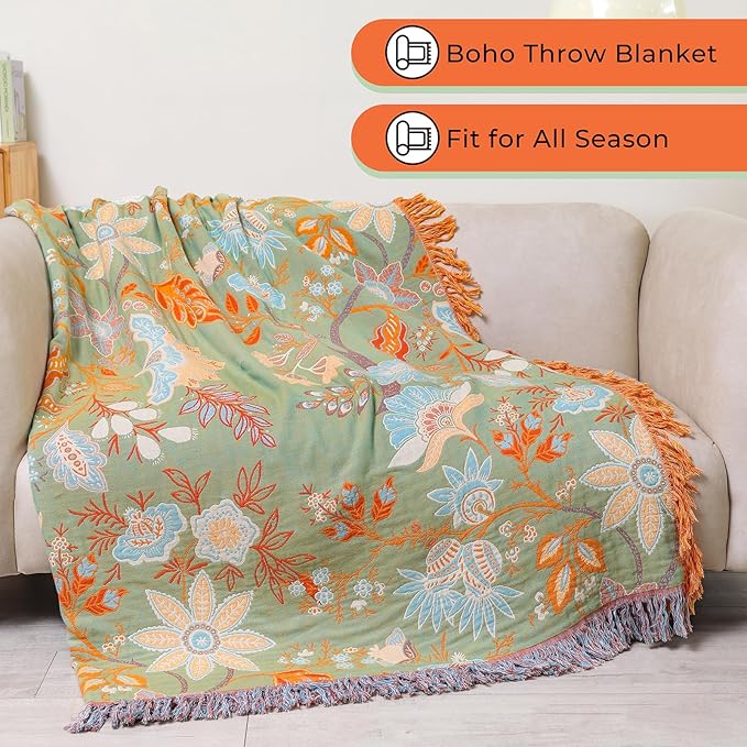 Boho Throw Blanket for Bed-Soft Cotton Rustic Quilt 80"×90",Floral Printed Farmhouse Decor Muslin Bed Blankets for Sofa Couch Chair, Seasons